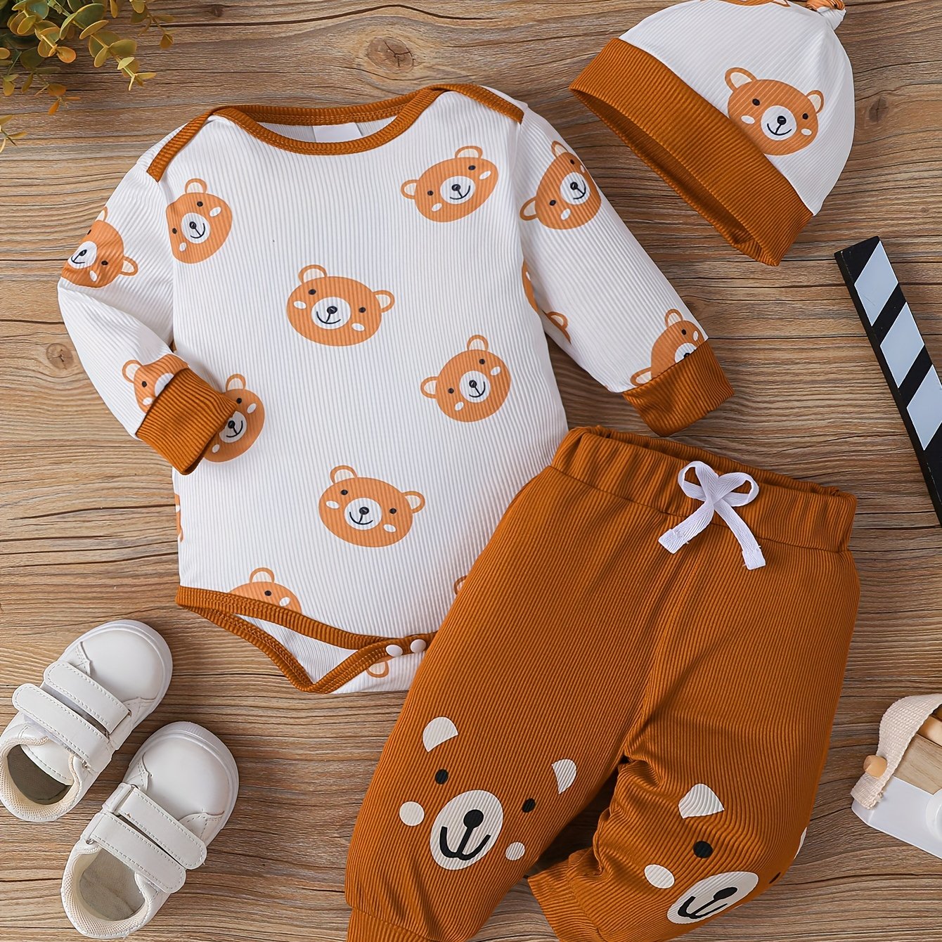 Baby Boy Cotton Bear Print 3-Piece Set Romper Trousers Hat for Newborns