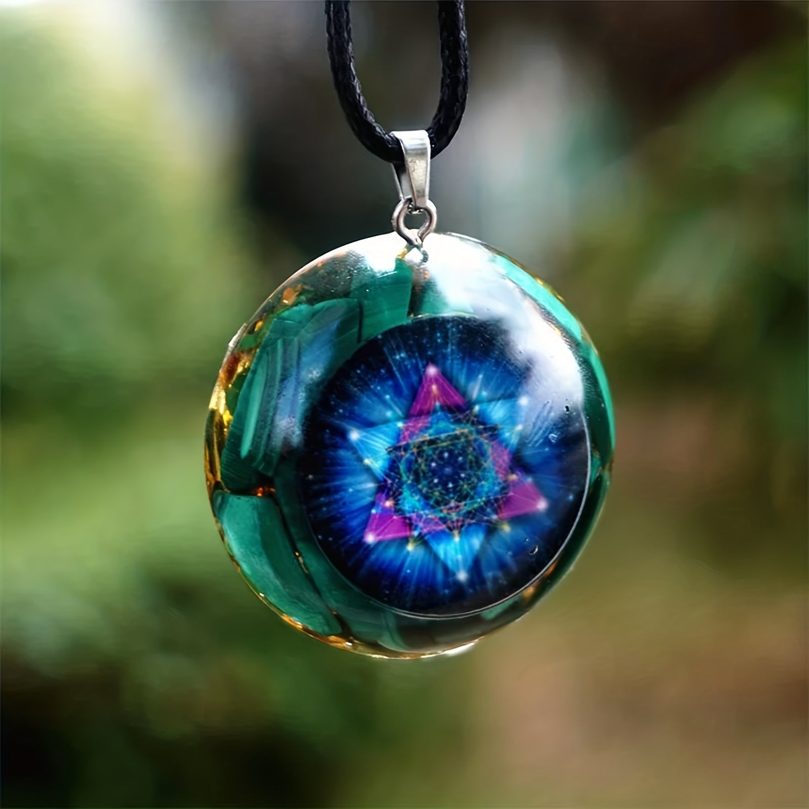 Orgonite Pendant Necklace with Malachite Chakra Energy and Sri Yantra Sacred Geometry for Healing Jewelry