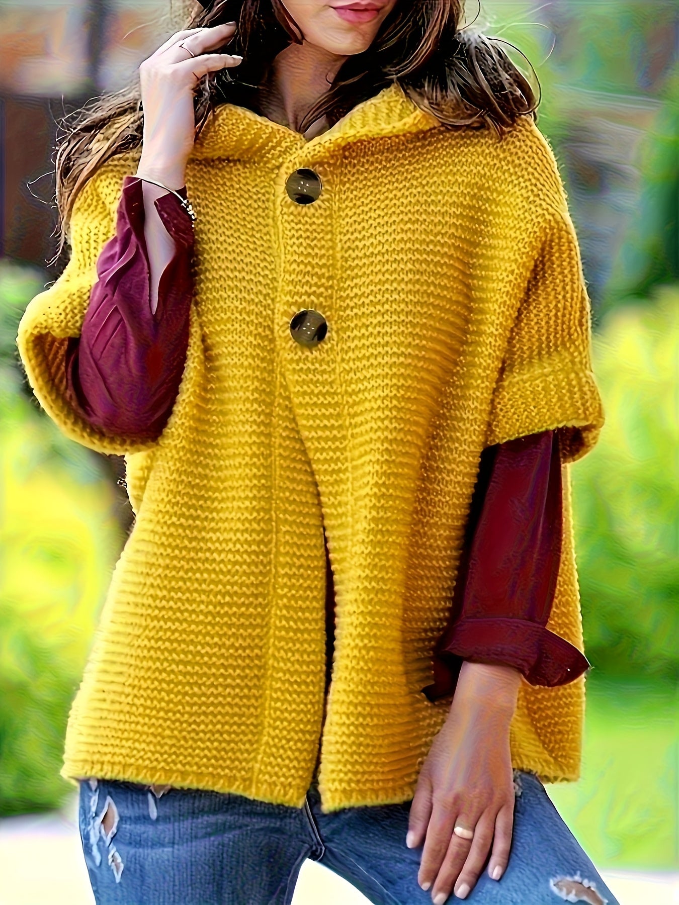 Plus Size Yellow Hooded Short Sleeve Cardigan Soft Fabric Casual Seasonal