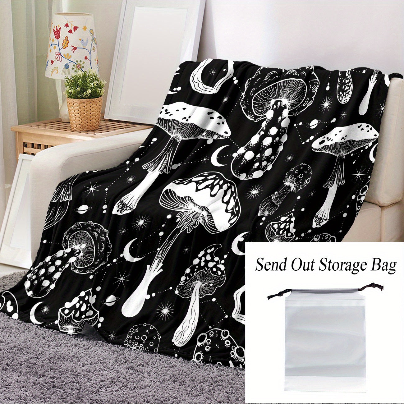 Black and White Mushroom Pattern Flannel Blanket for Cozy Naps and Snuggling