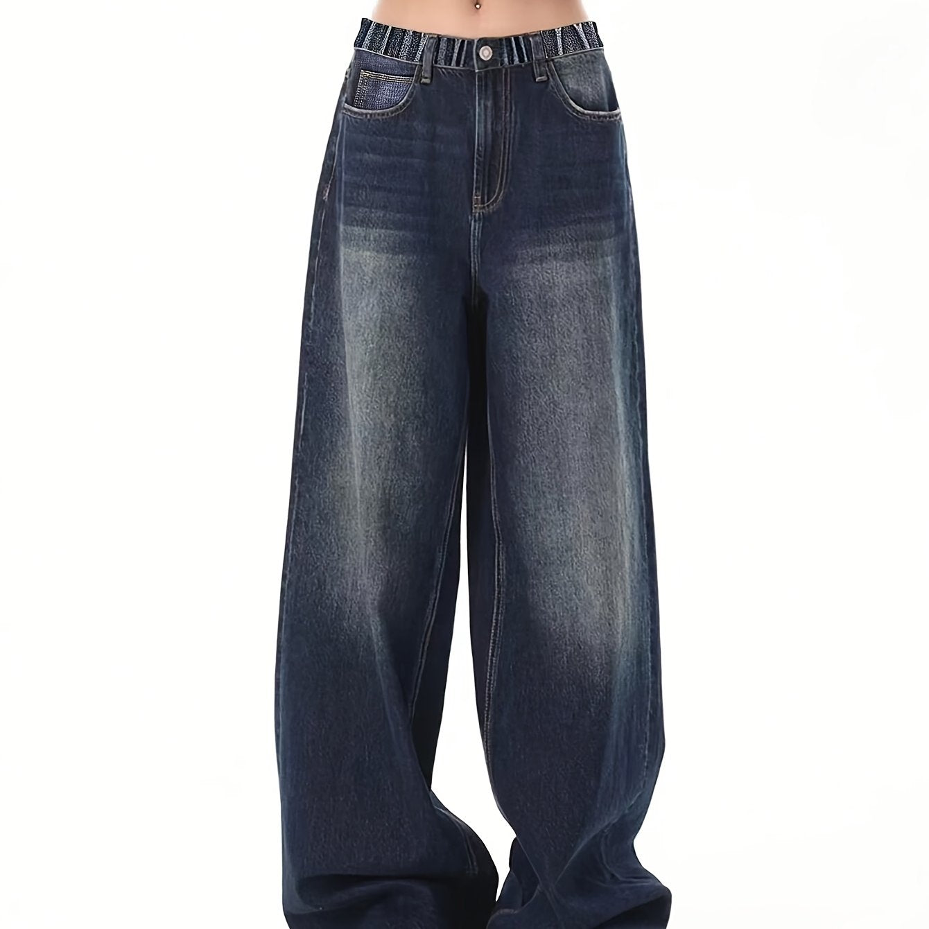Teen Wide Leg Denim Jeans with Elastic Waist and Side Pockets for All Seasons