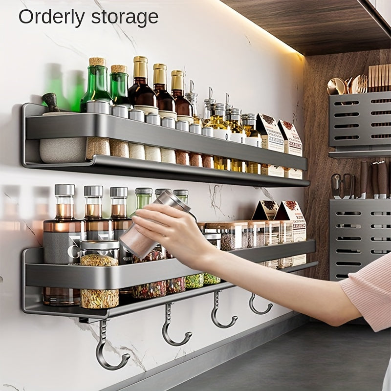 Gray Stainless Steel Wall Mount Seasoning Rack with 5 Hooks for Kitchen Storage