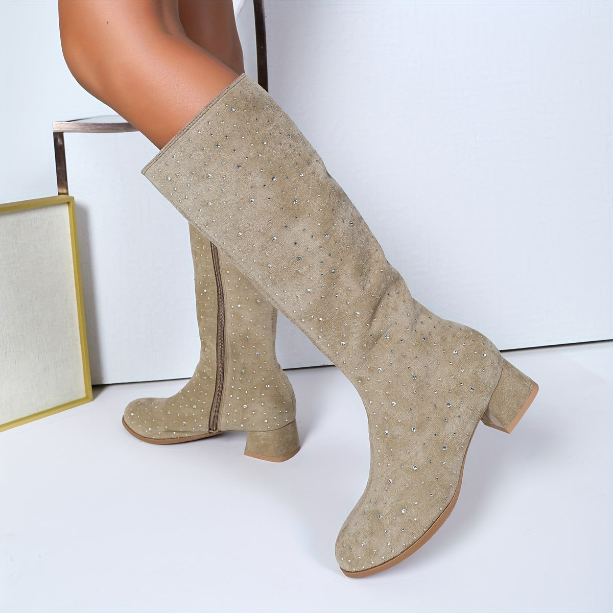 Women's Mid-Calf Rhinestone Boots with Zippered Low Block Heel Black