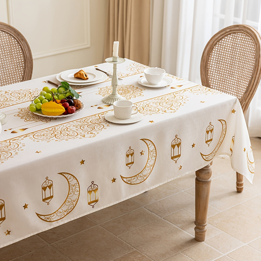 Bohemian Geometric Ramadan Eid Al-Fitr Tablecloth with Golden Moon and Star Design 100% Polyester