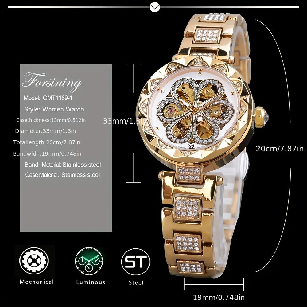 Women's Mechanical Watch Rhinestone Flower Skeleton Stainless Steel Wristband