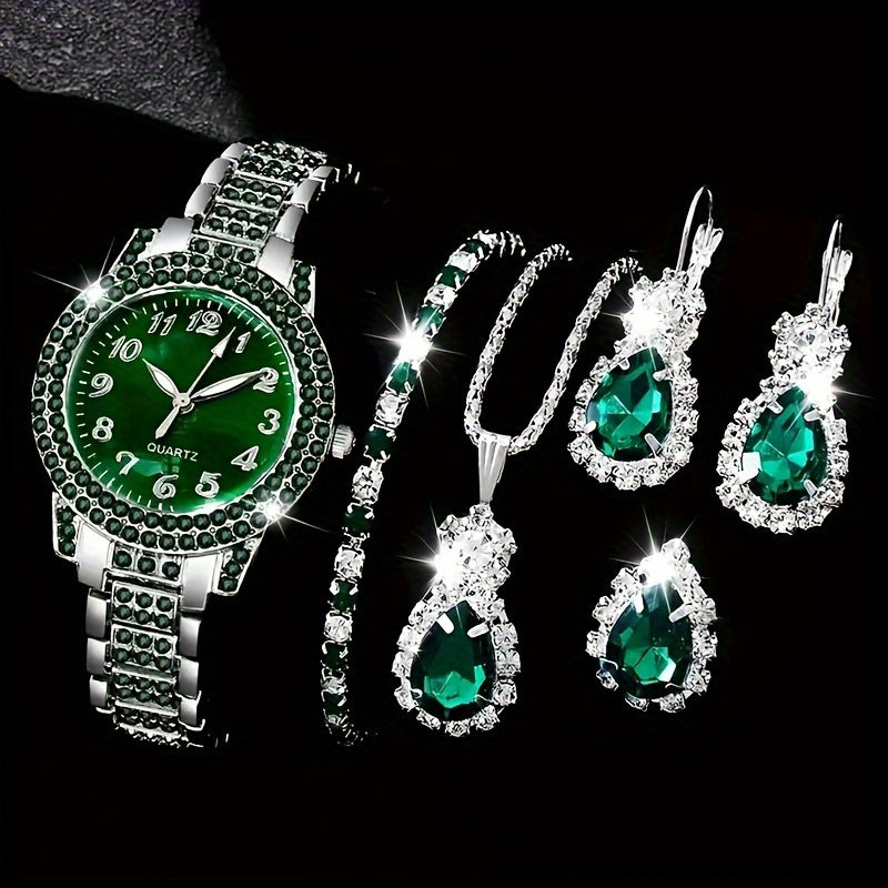 Women's Accessory Set with Quartz Watch, Green Crystals, Jewelry, Teardrop Design