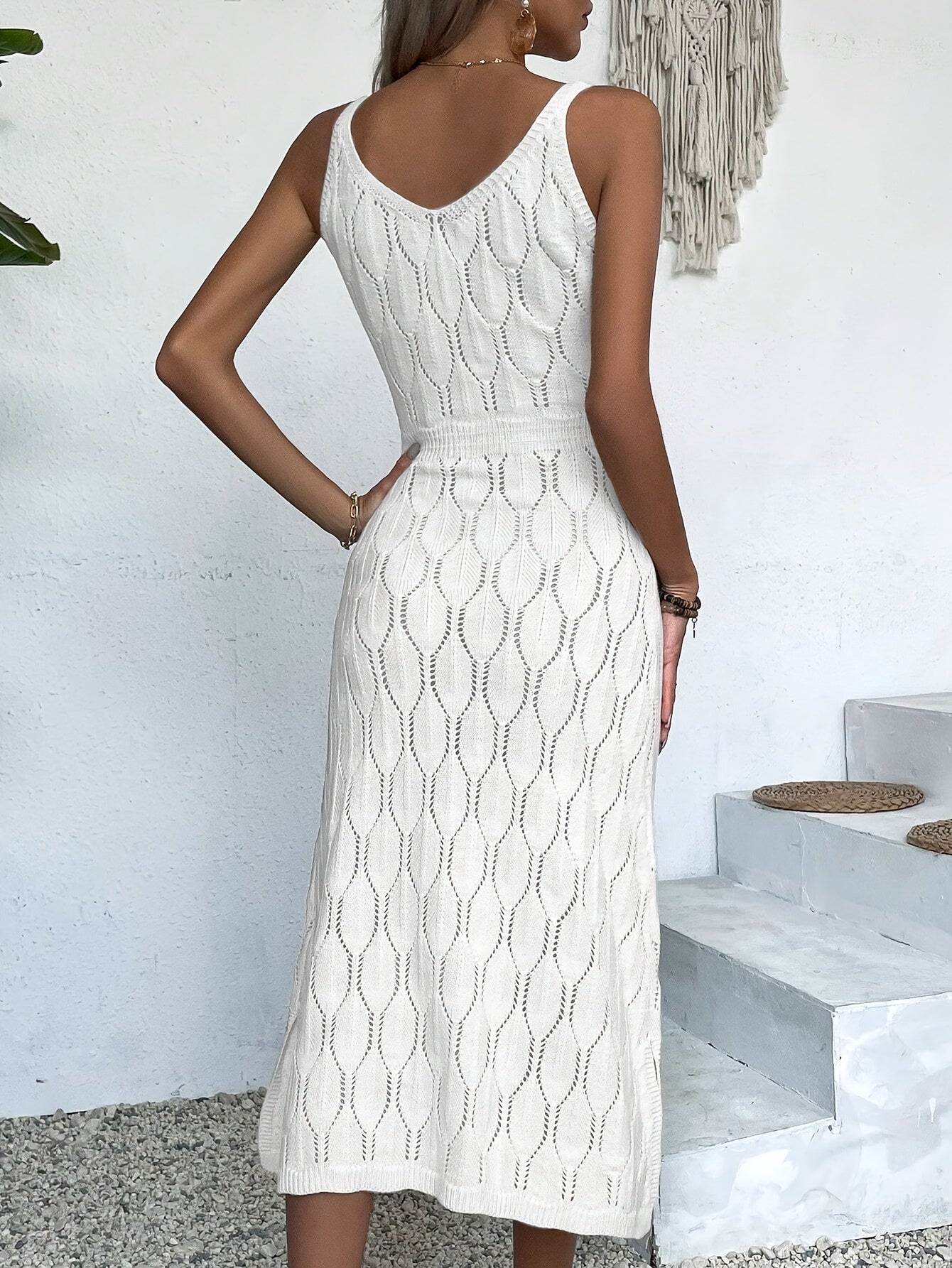 "Yengsiz V-shakldagi trikotaj midi ko'ylak - cho'ziluvchan, yarim shaffof akril, bahor/yaz/kuzda plyajda sayr qilish uchun ideal, mashinada yuvish mumkin."