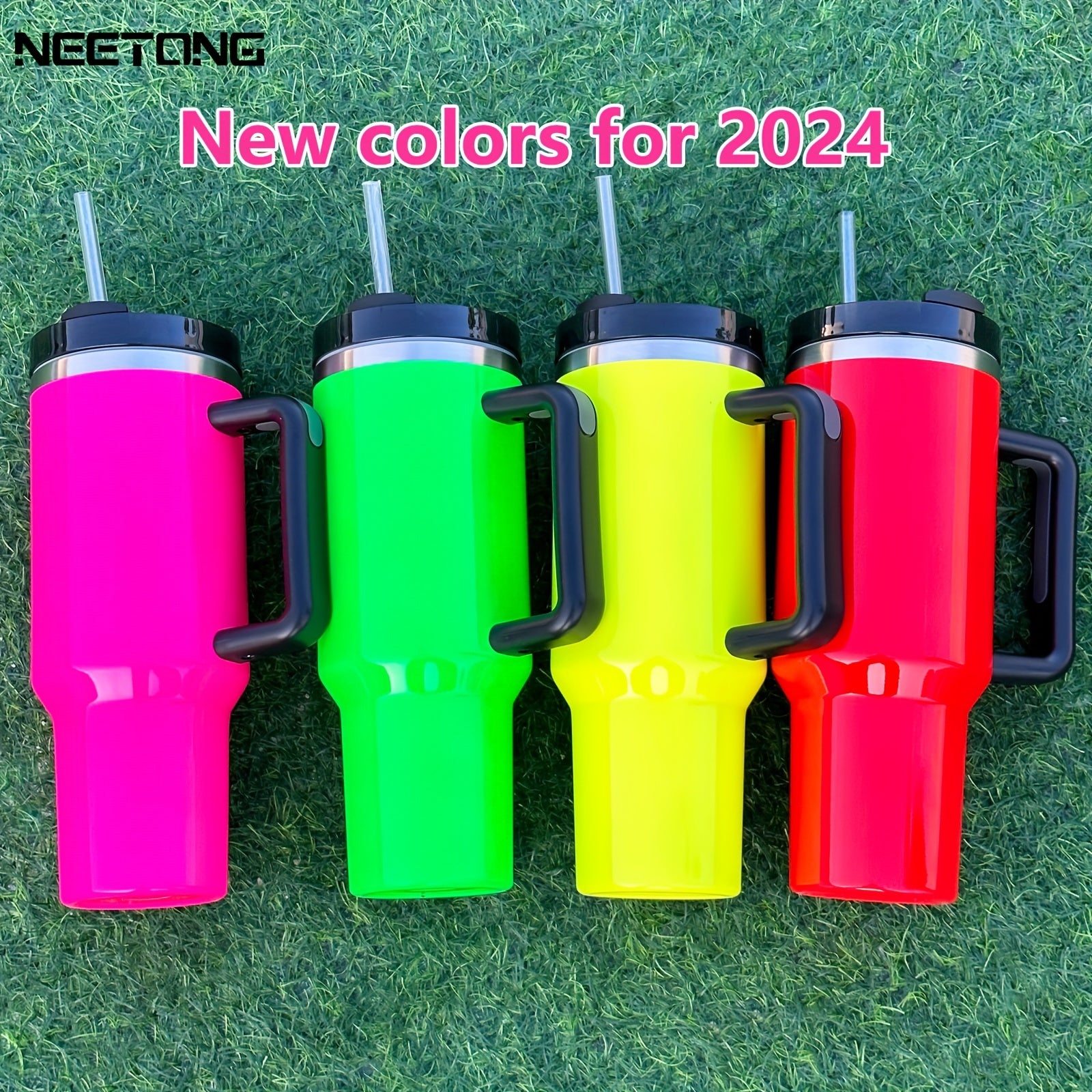 40oz izolyatsiyalangan suv idishi, tutqichli, fluorescentli tumbler, sayohat, uy va ofis uchun