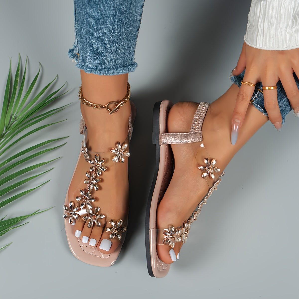 Women's Floral Embellished Slip-On Flat Sandals Open-Toe Casual Shoes