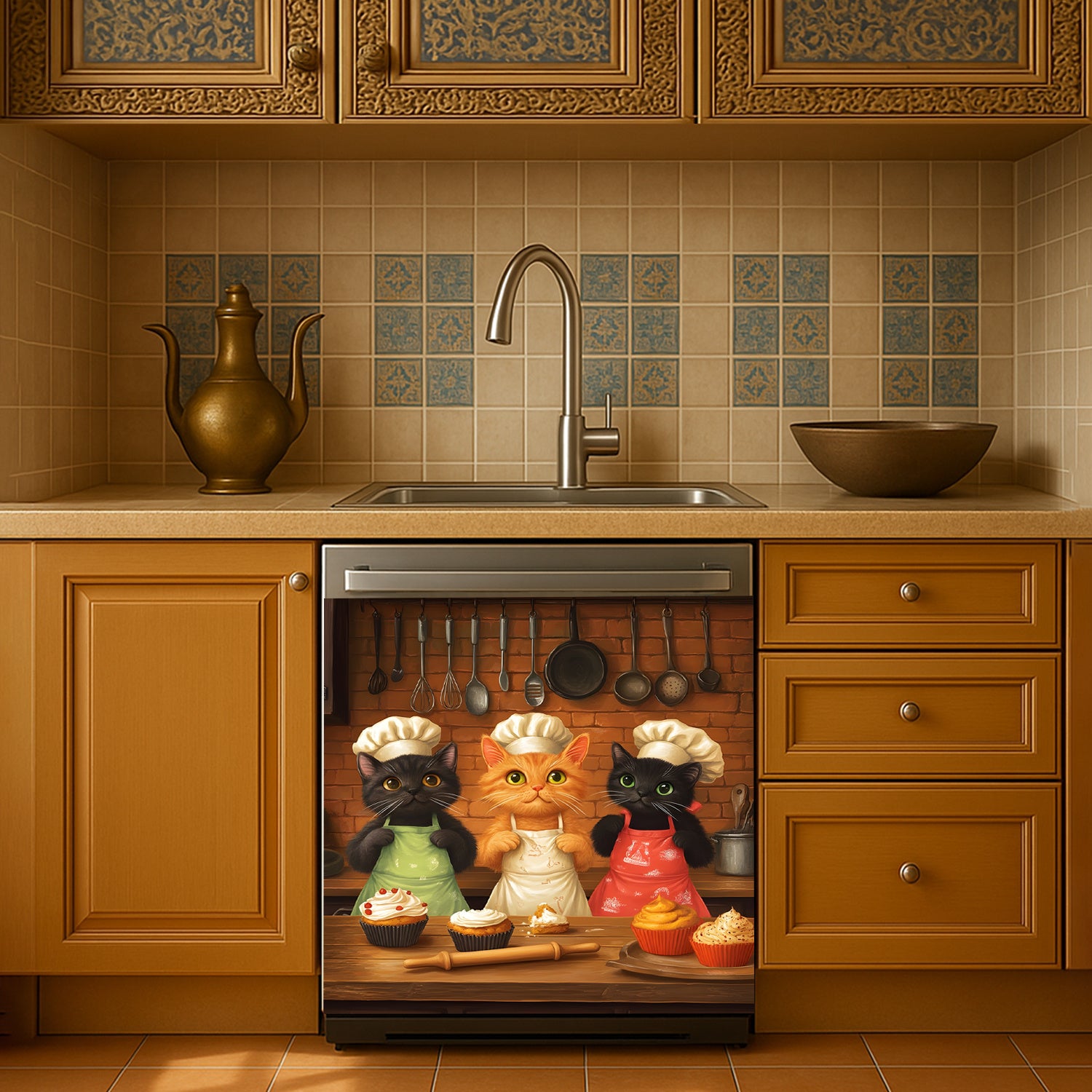 2D Flat Cat Pattern Dishwasher Door Decoration Kit Waterproof Soft Easy Install