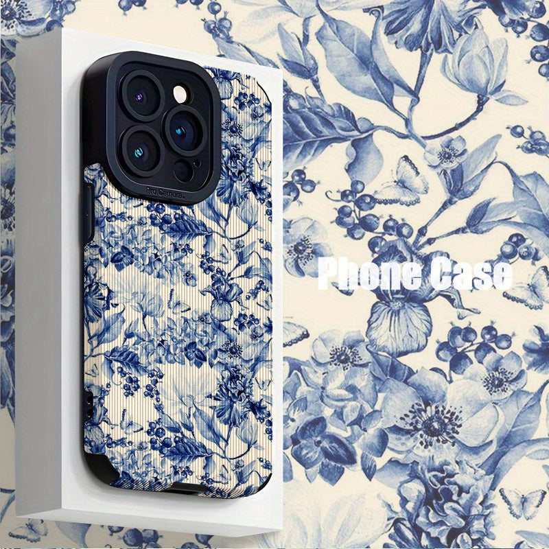 Funda de TPU con diseño floral azul para iPhone 16 Pro Max y otros modelos con cubierta de silicona anticaídas y cuero