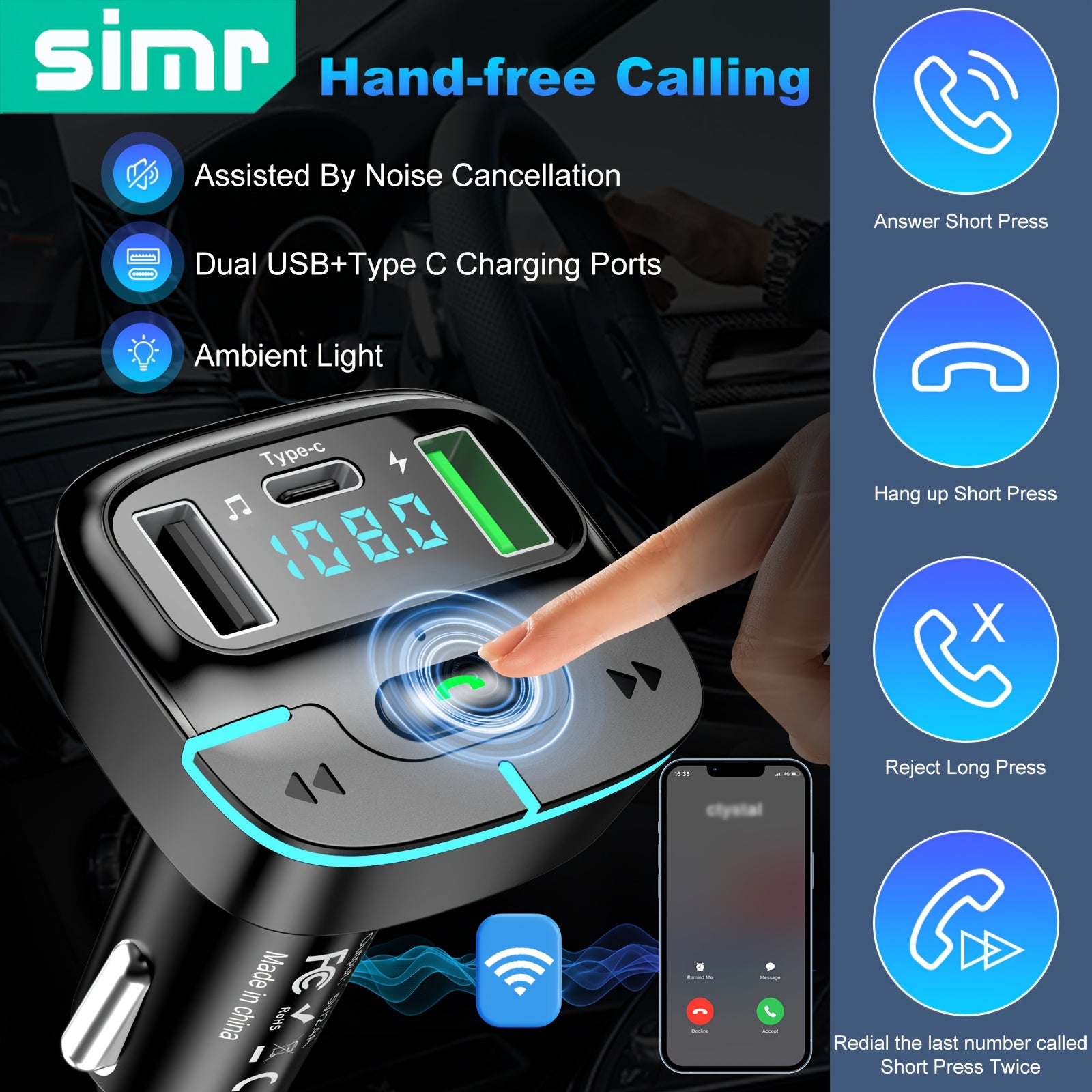 Car Phone Charger with FM Transmitter and Dual USB Fast Charging