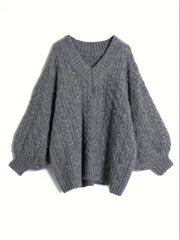 Women's V-Neck Cable Knit Sweater Fall Winter Long Sleeve Solid Color Polyester Stretch Pullover