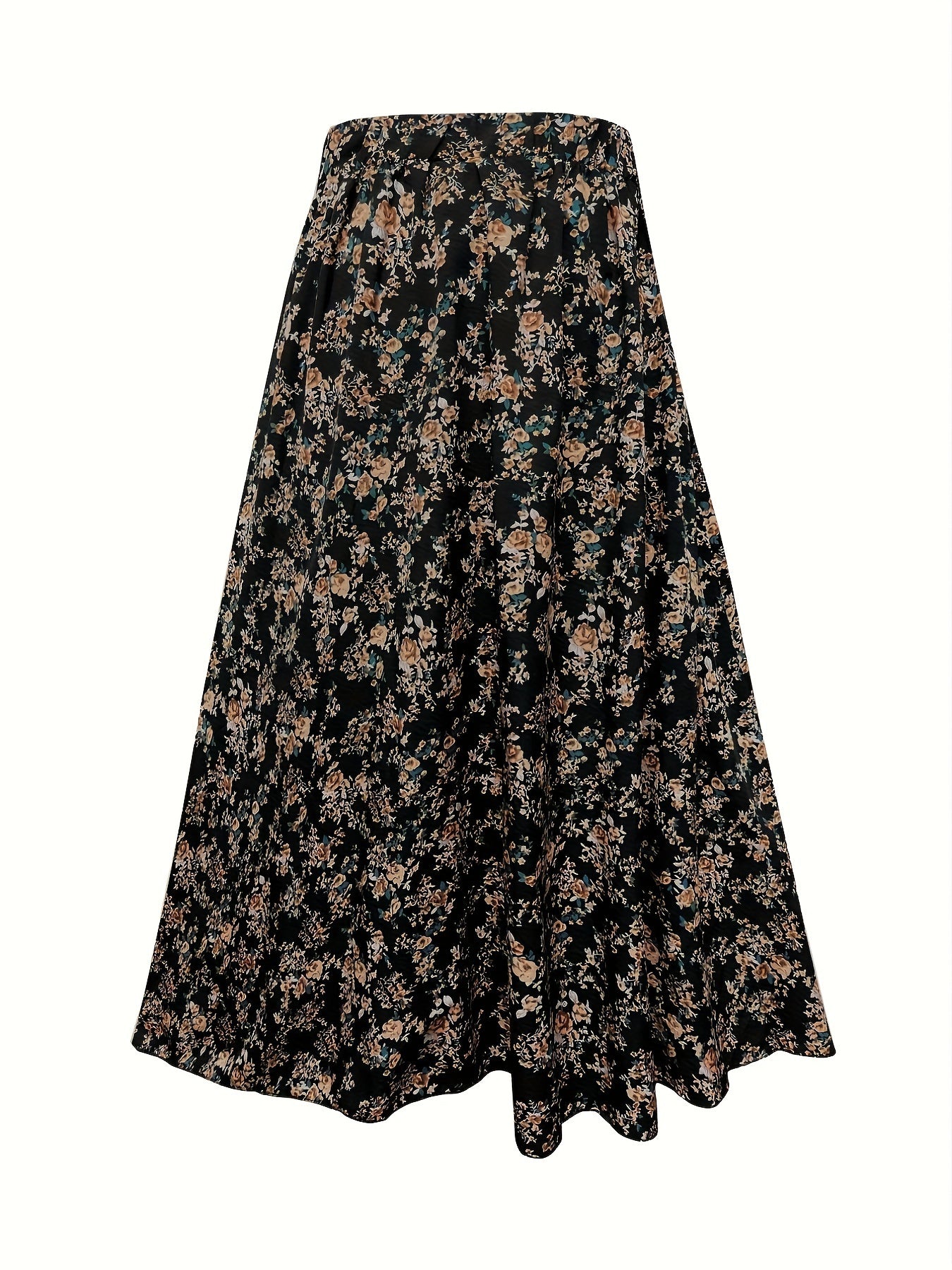 Bohemian Style Long Skirt with Small Floral Print Elastic Waist for Women