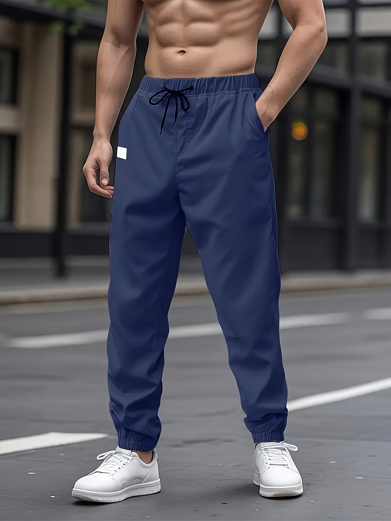Men's Casual Cargo Pants Non-Stretch Polyester Drawstring Waist Regular Fit Solid Color