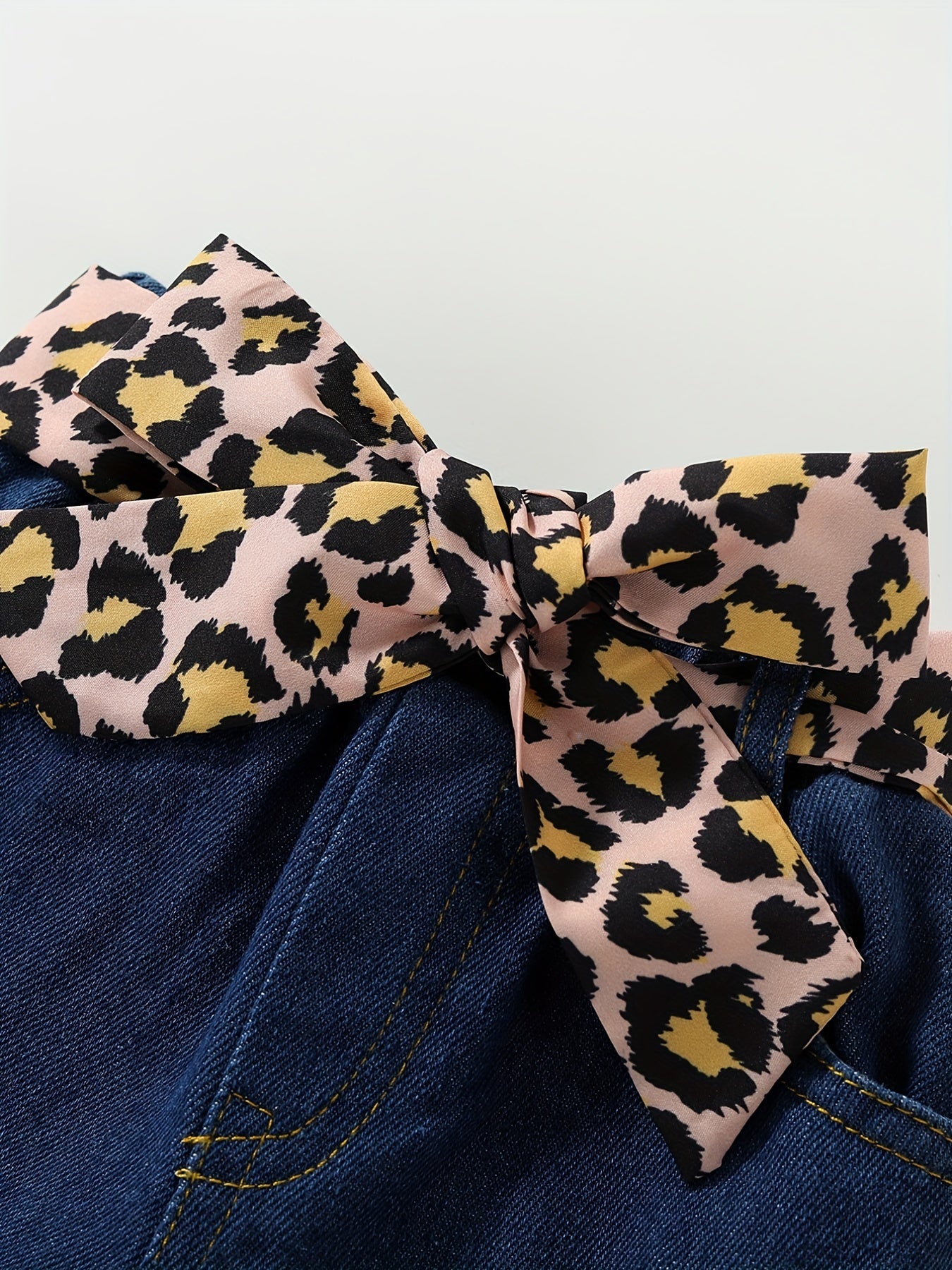 Toddler Girls Clothing Set Off-Shoulder Top Jeans Leopard Belt Headband Spring Fall Casual