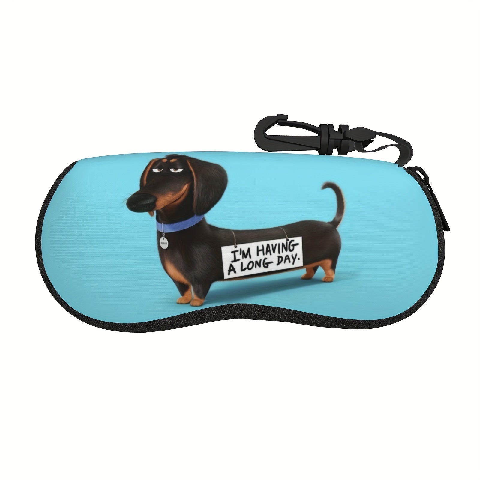 Портативный футляр для очков с милым узором щенка таксы и мультяшным принтом, включает в себя брелок и изготовлен из мягкого неопрена с застежкой на молнии.
