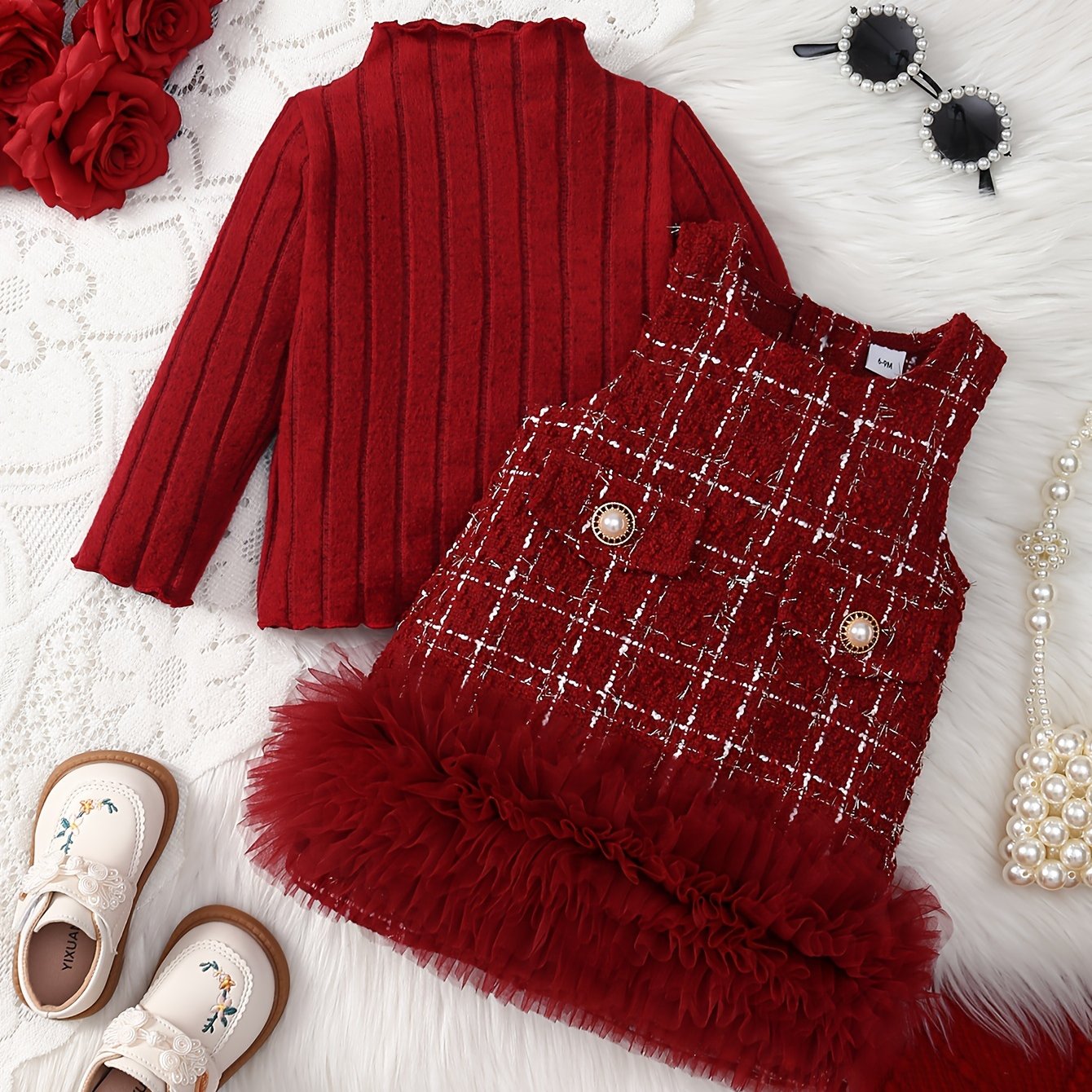 Toddler Girls Red Top and Mesh Skirt Set Long Sleeve Pearl Buttons Spring Fall Outdoor