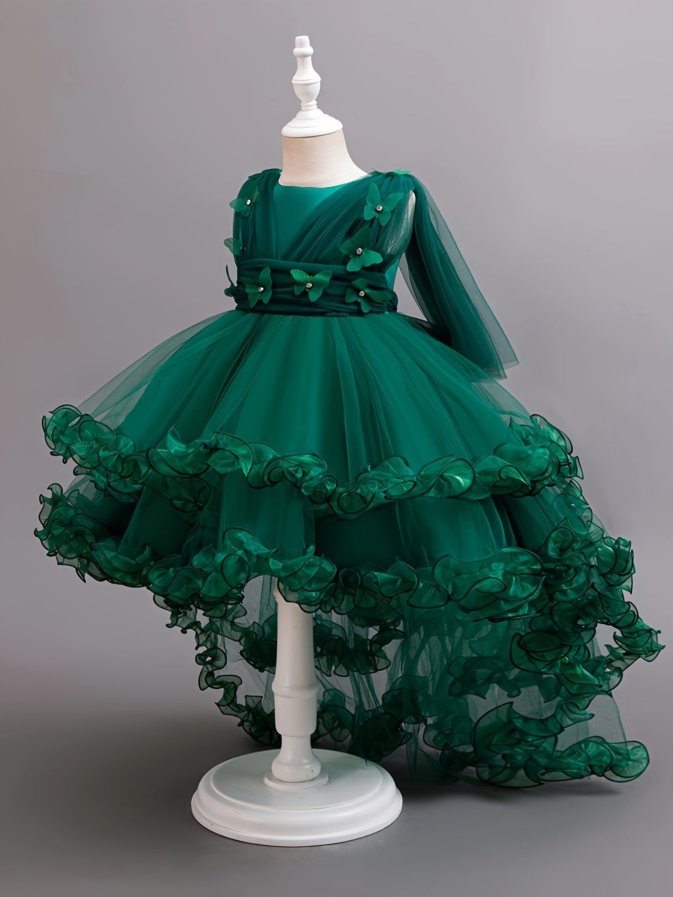 Girls Sleeveless Tulle Evening Dress with Train for Parties and Performances