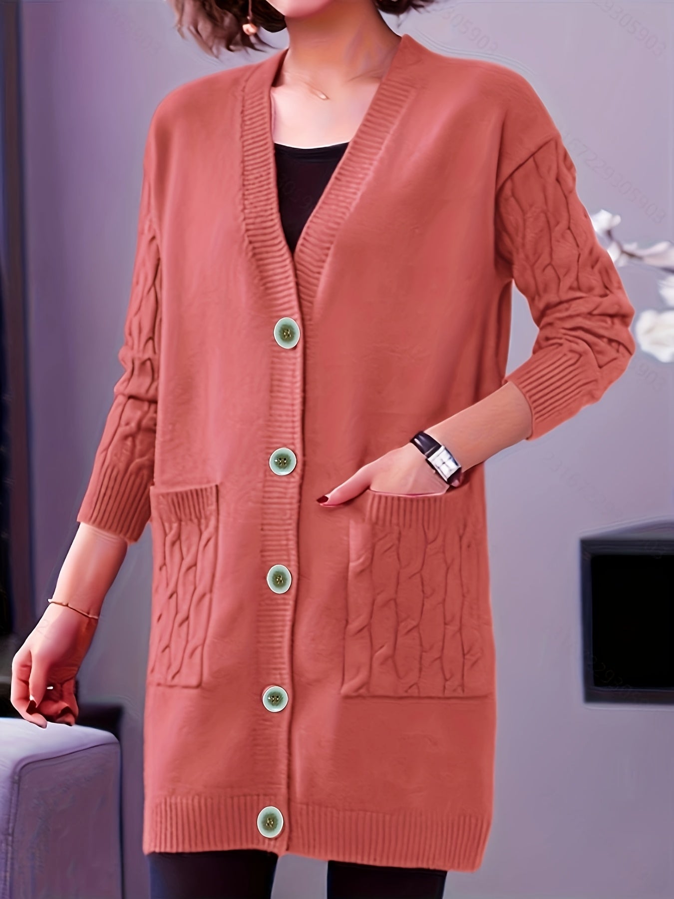 Plus Size Cable Knit Cardigan Open Front Long Sleeve Fall Winter Women's Clothing