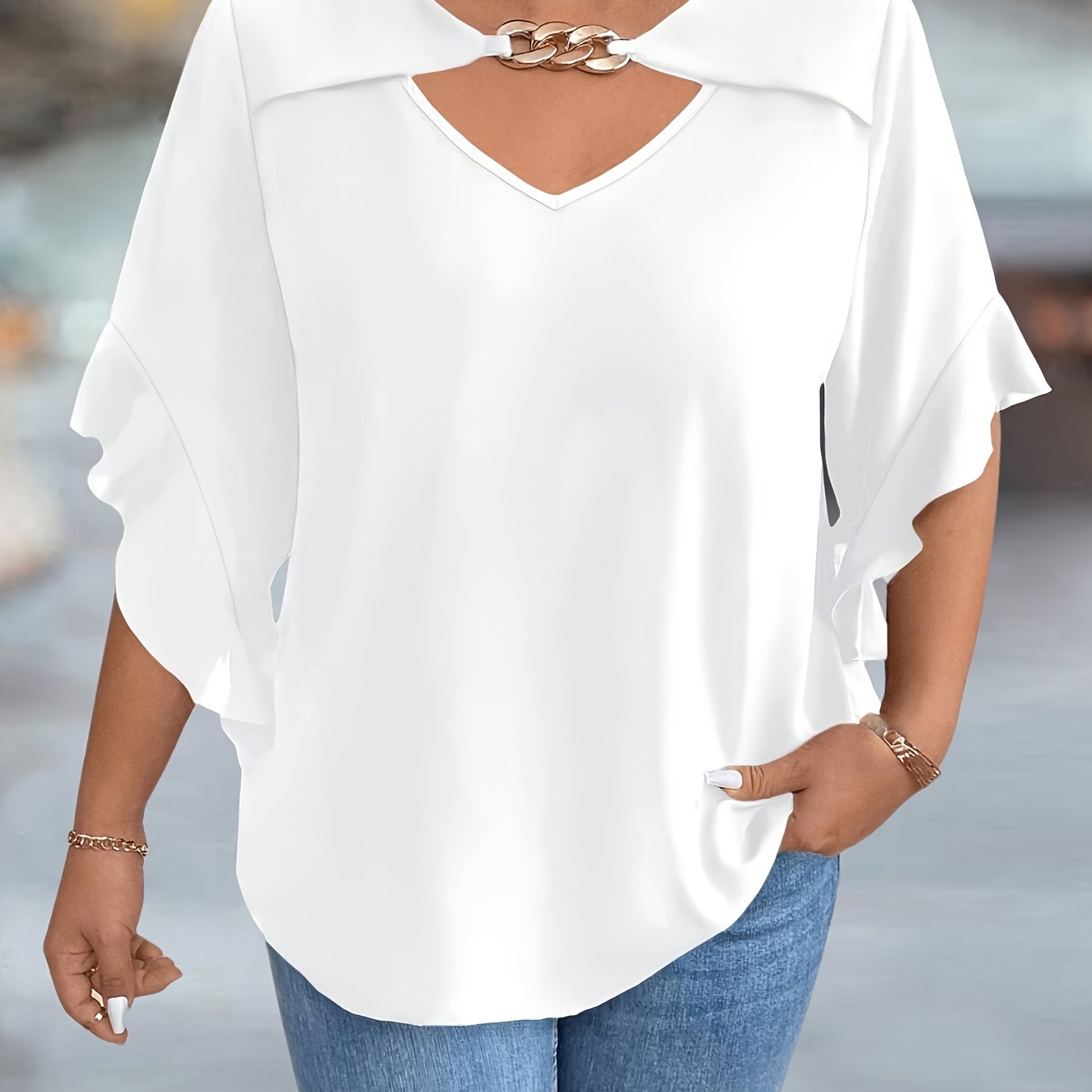 Plus-Size Black V-Neck Women's Top Polyester Spring Summer Shirting