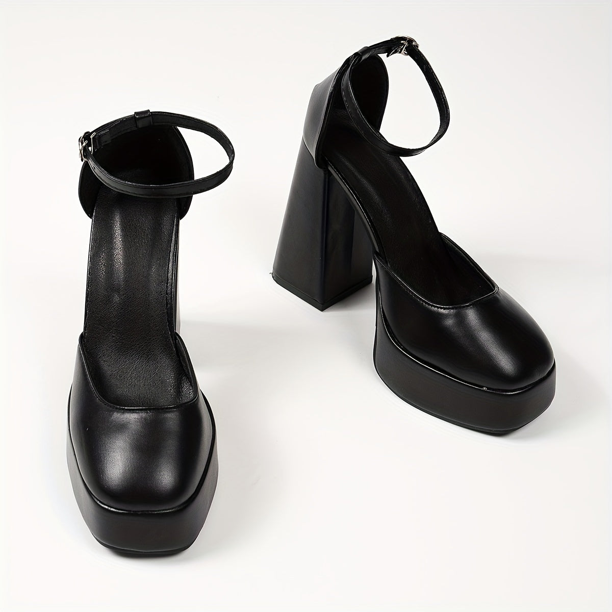 Women's Black Beige Glossy Square Toe High Heel Platform Shoes with Buckle Strap