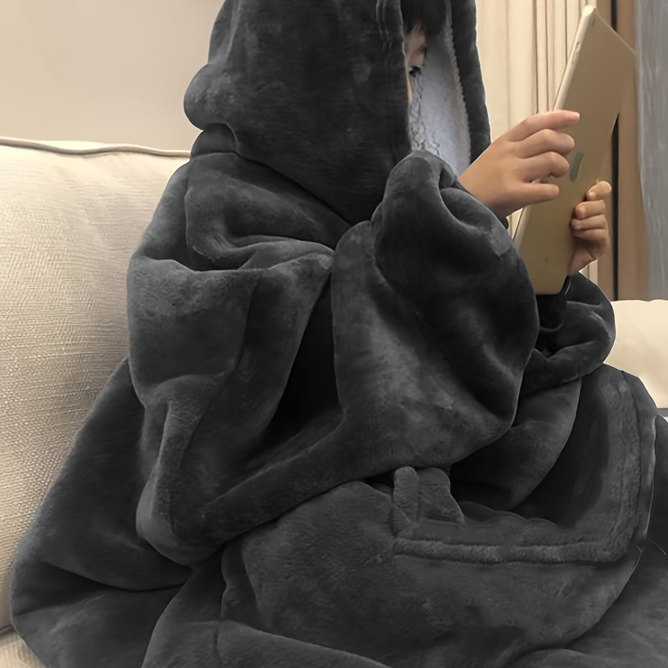 Women's Navy Blue Fleece Hooded Lounge Robe Warm Long Sleepwear