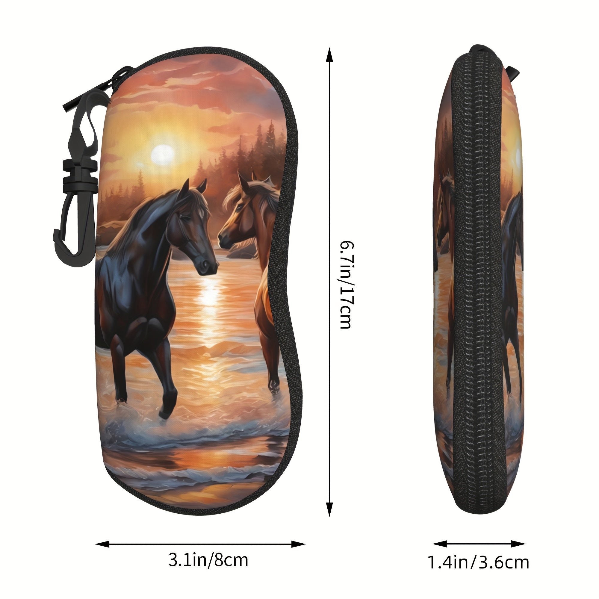 Horse Patterned Glasses Case Neoprene Eyewear Pouch with Zipper and Belt Clip