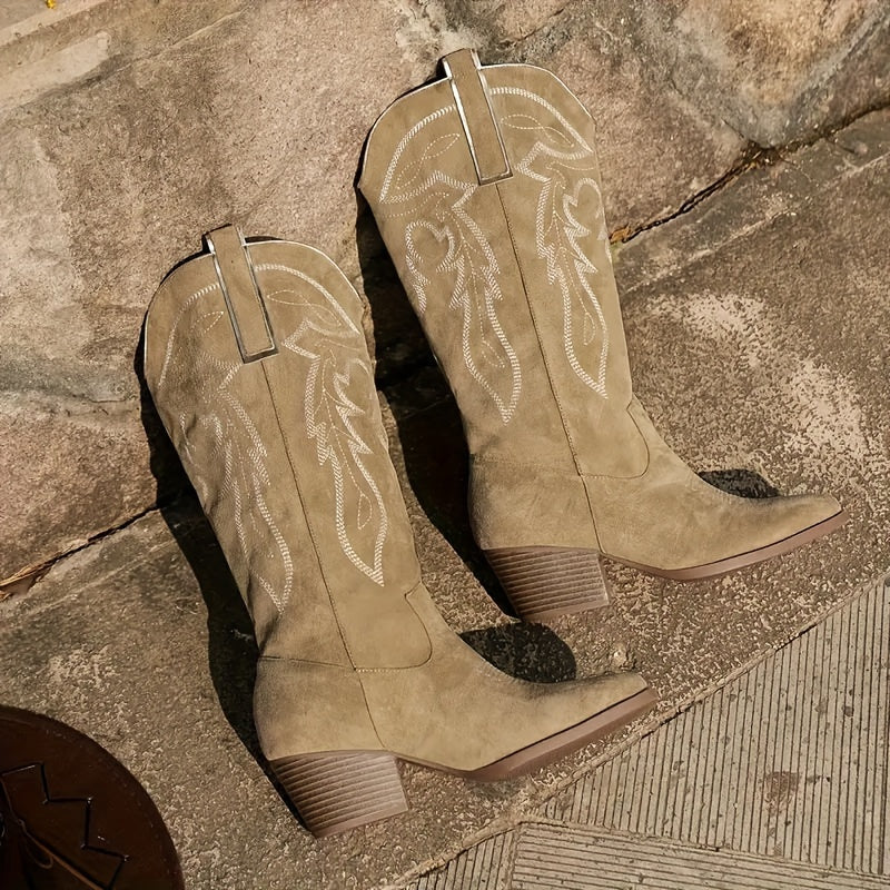 Women's Western Cowboy Boots Floral Embroidery Green Leather Pointed Toe