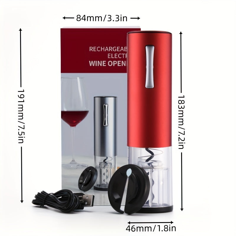 Qayta to'ldiriladigan Type-C elektr vino ochgich, qizil uzum rangida, alyuminiy alloy va PC materialidan tayyorlangan. Kesish pichog'ini o'z ichiga oladi, vino sovg'a qilish uchun ideal.