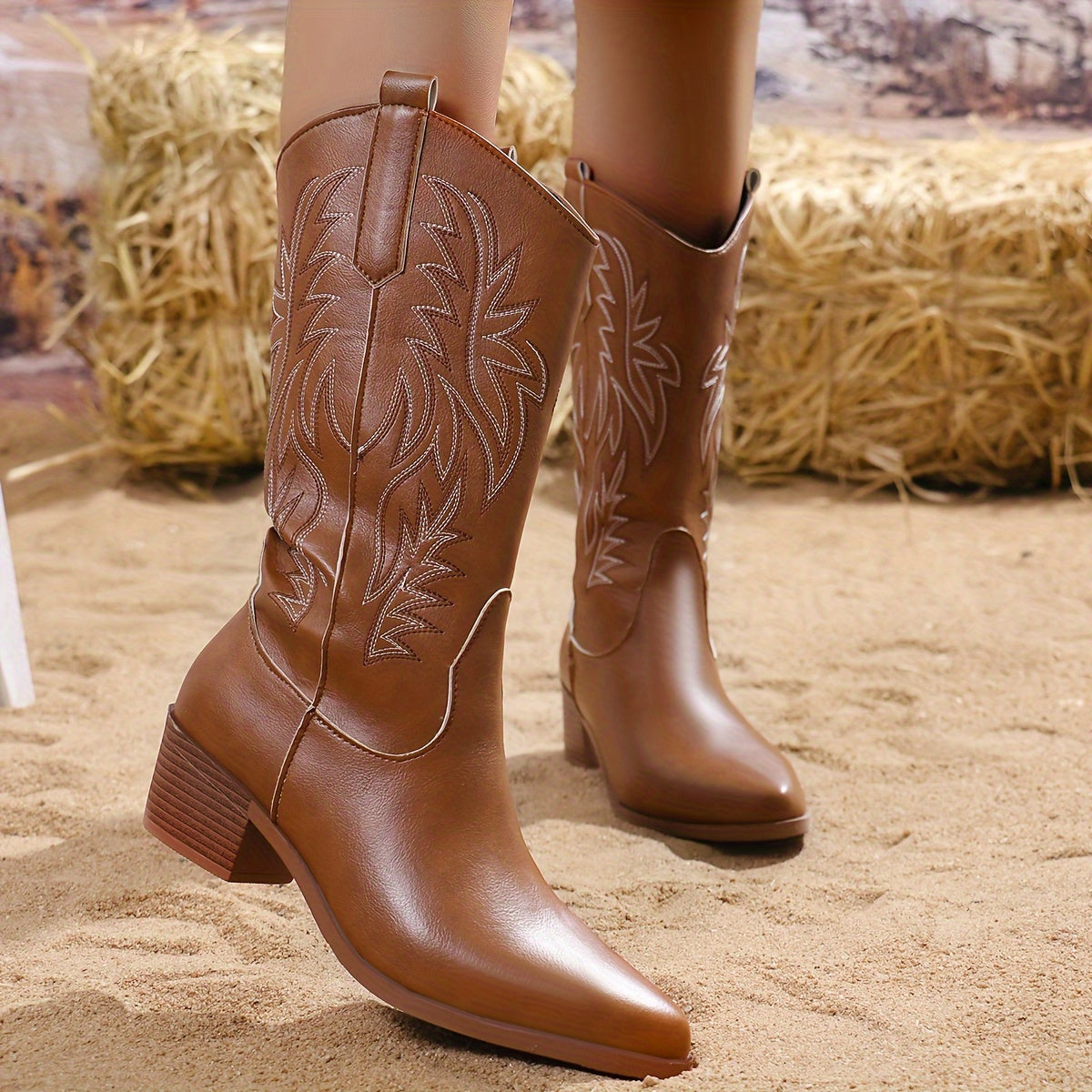 Women's Faux Leather Western Mid-Calf Boots with Baroque Embroidery