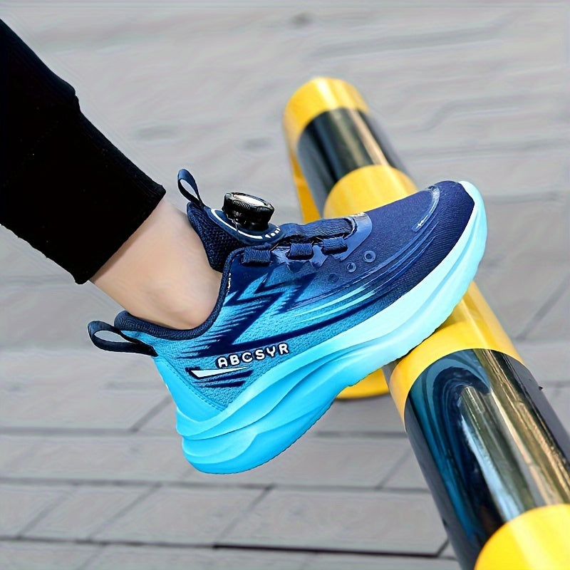 Kids' Navy Blue Mesh Sneakers with Stripes and Rotating Buckle for Boys and Girls