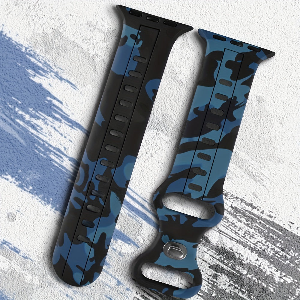 Ko'p rangli kamuflyaj silikondan yasalgan sport tasmasi IWatch Series 9-1 SE uchun, suv o'tkazmaydigan, terga chidamli, qulay, mustahkam, metall sozlash teshigi bilan, kapalak dumiga o'xshash dizayn.