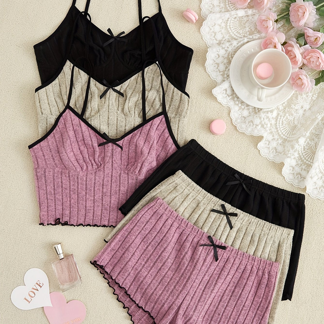 Women's 3-Piece Sleepwear Set Pajamas Shorts Tank Top Solid Color Polyester Elastane