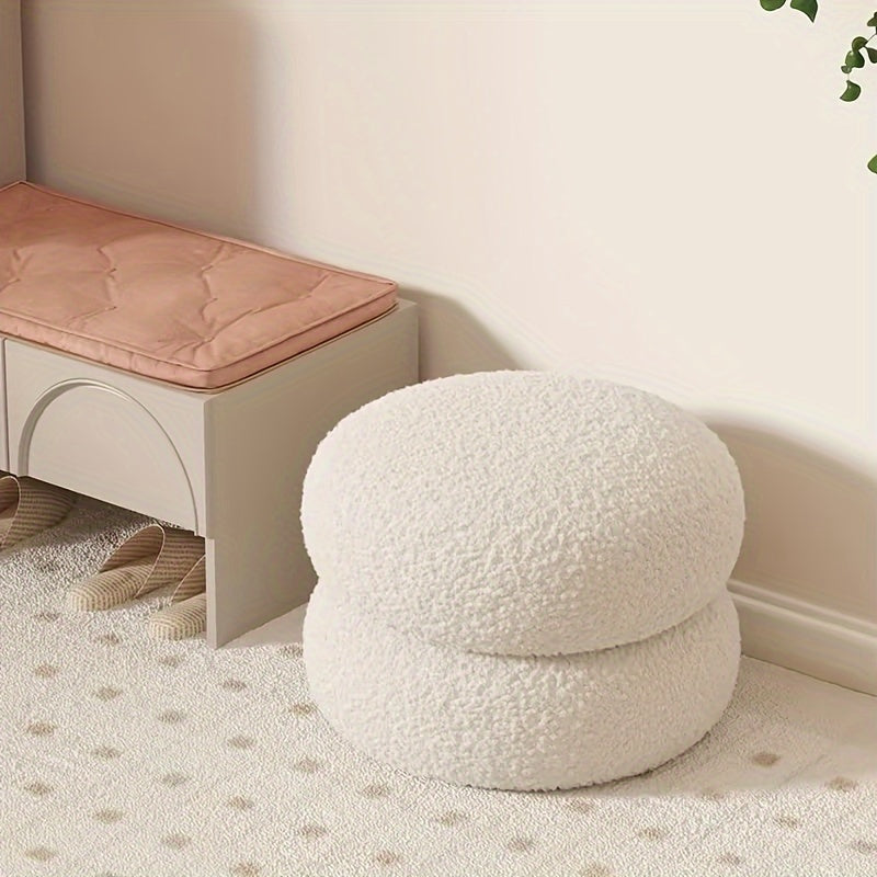 White Polyester Round Ottoman Stool for Living Room, Versatile and Compact