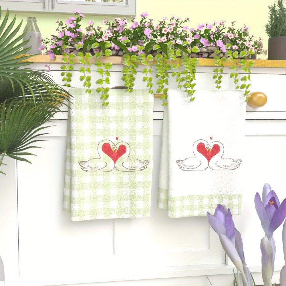 Valentine's Day Kitchen Towels Set 2 Pieces Heart Swans Design Quick-Dry Polyester