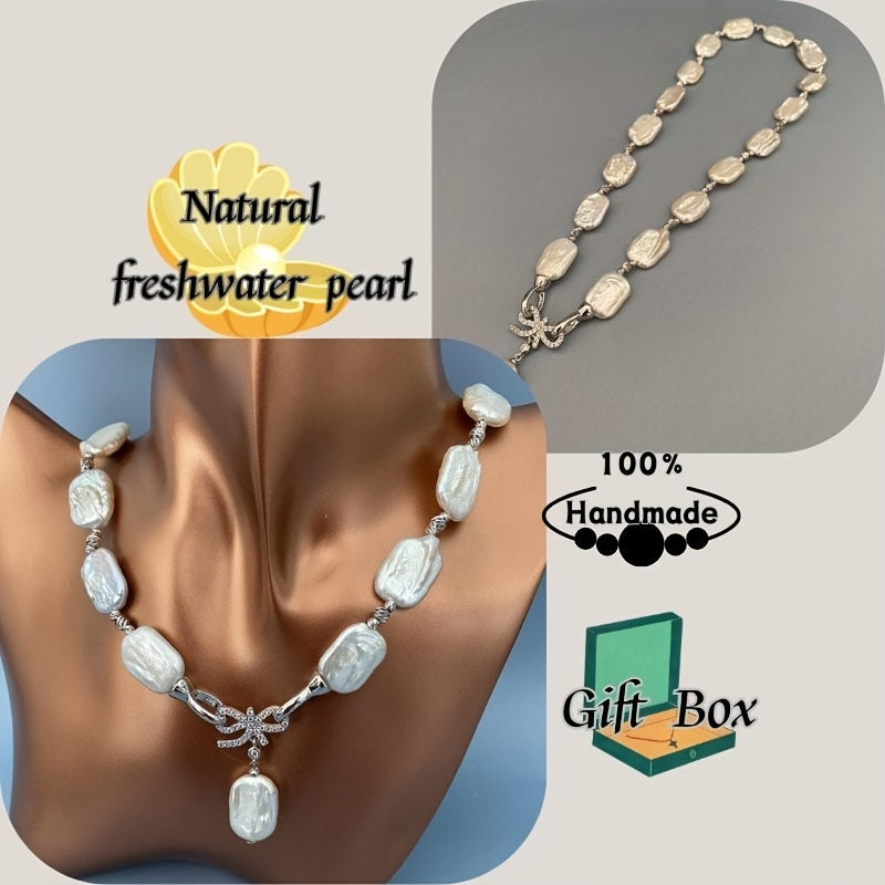 Vintage French-Inspired Freshwater Pearl Necklace with Bow Clavicle Chain for Women