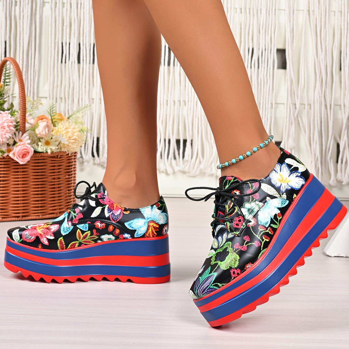 Women's Floral Lace-Up Shoes Synthetic Cover Thick Platform Sole All-Season Comfortable