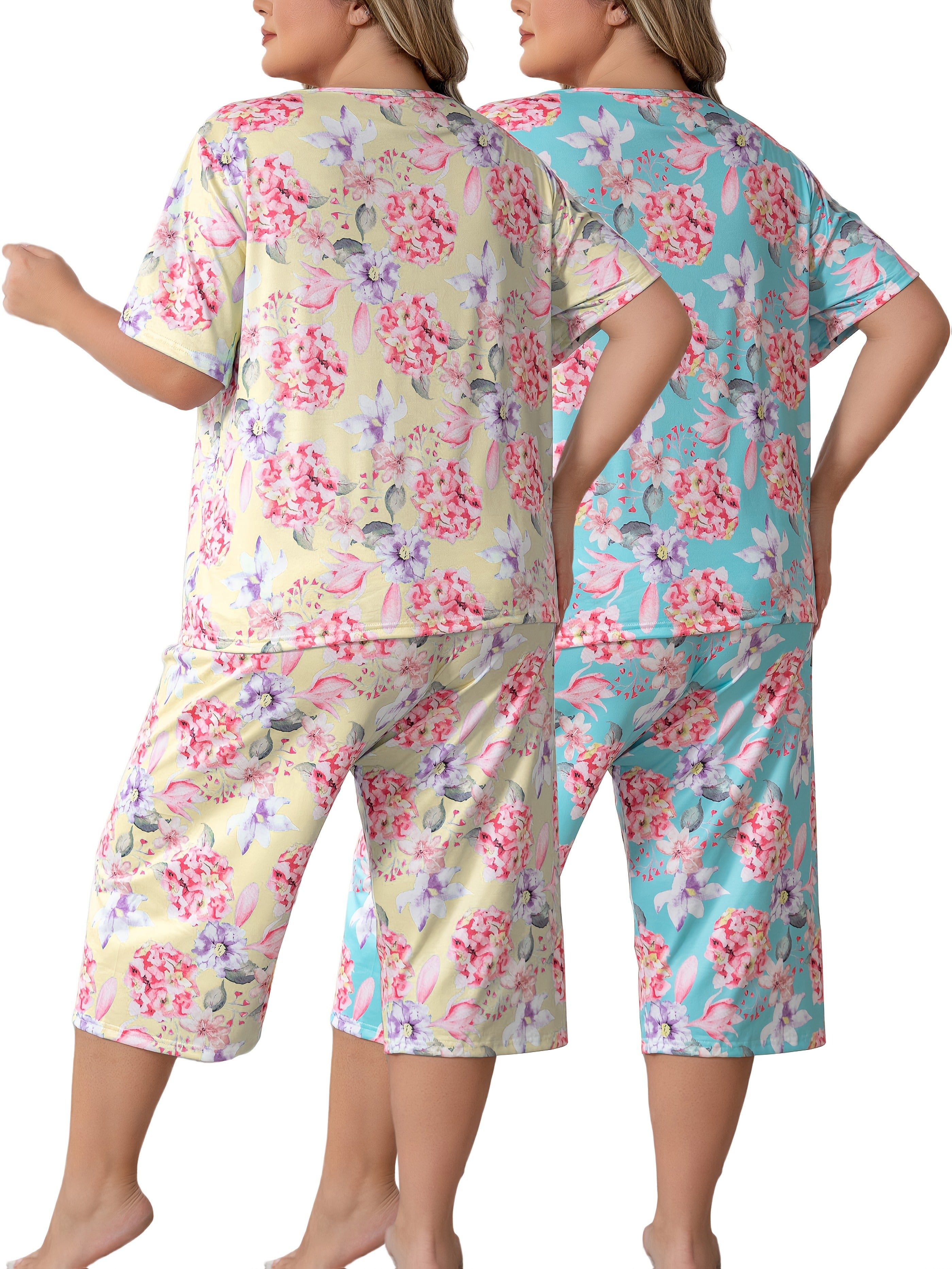 Plus-Size Floral Print Short-Sleeve and Three-Quarter Loungewear Set Comfortable