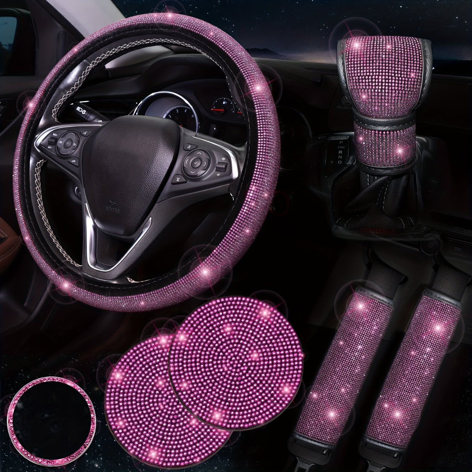 Bling Car Interior Accessory Set 7-Piece Diamond Steering Wheel Cover Rhinestone Seat Belt Coasters