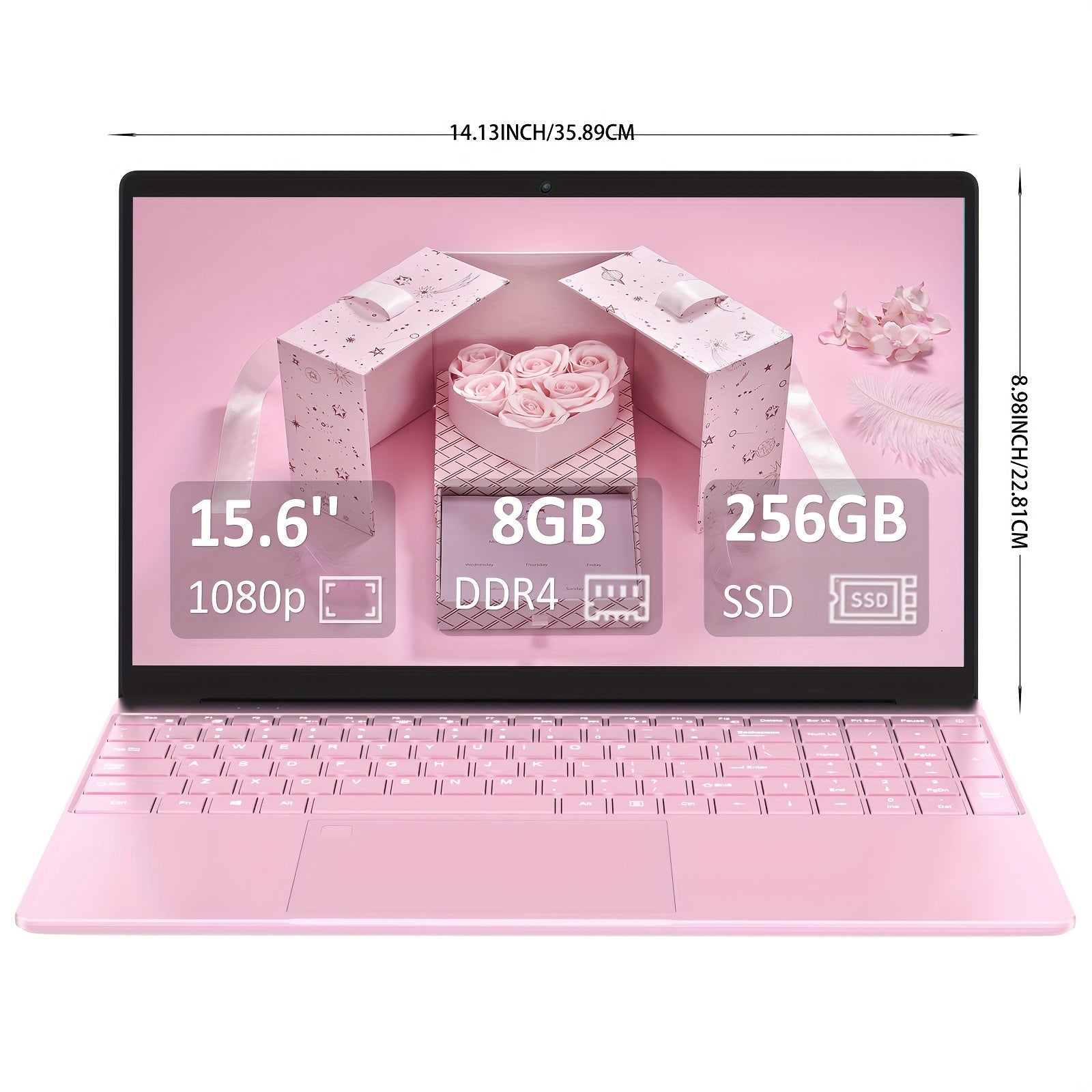 Pink 15.6 Inch Laptop with 8GB DDR4 RAM, 256GB SSD, 1080P FHD Display, Webcam, USB 3.0, Backlit Keyboard