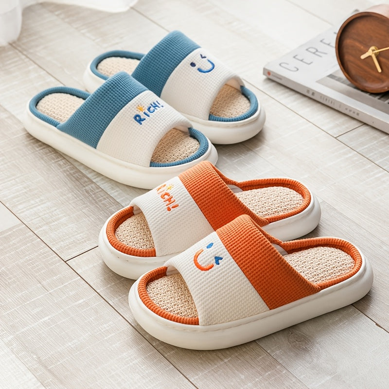 Women Linen Slippers Soft Non-Slip Indoor Shoes Light Blue White Love