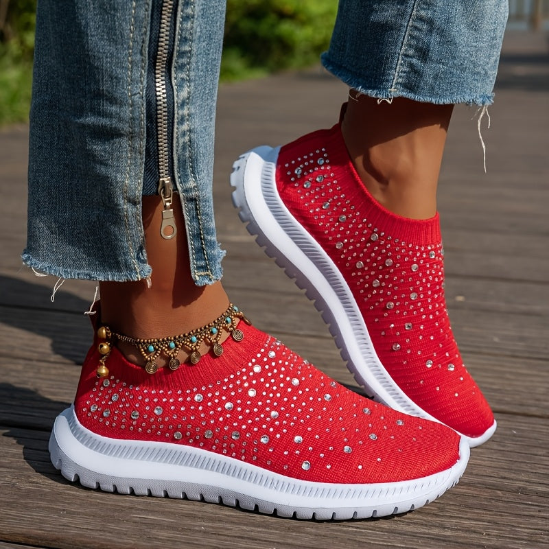 Women's Breathable Slip-On Casual Sneakers with Sparkling Crystal Accents