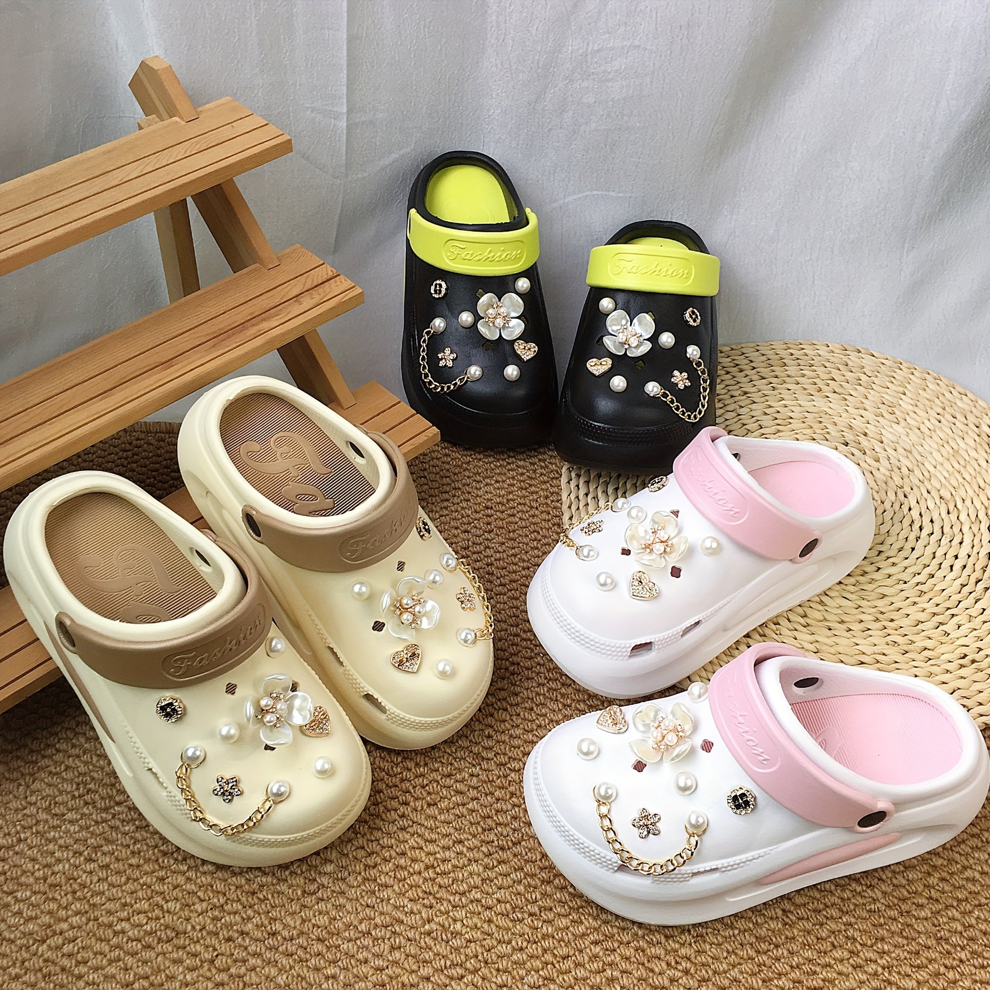 Women's Faux Pearl Chain Sandals Summer Beach EVA Slide Shoes