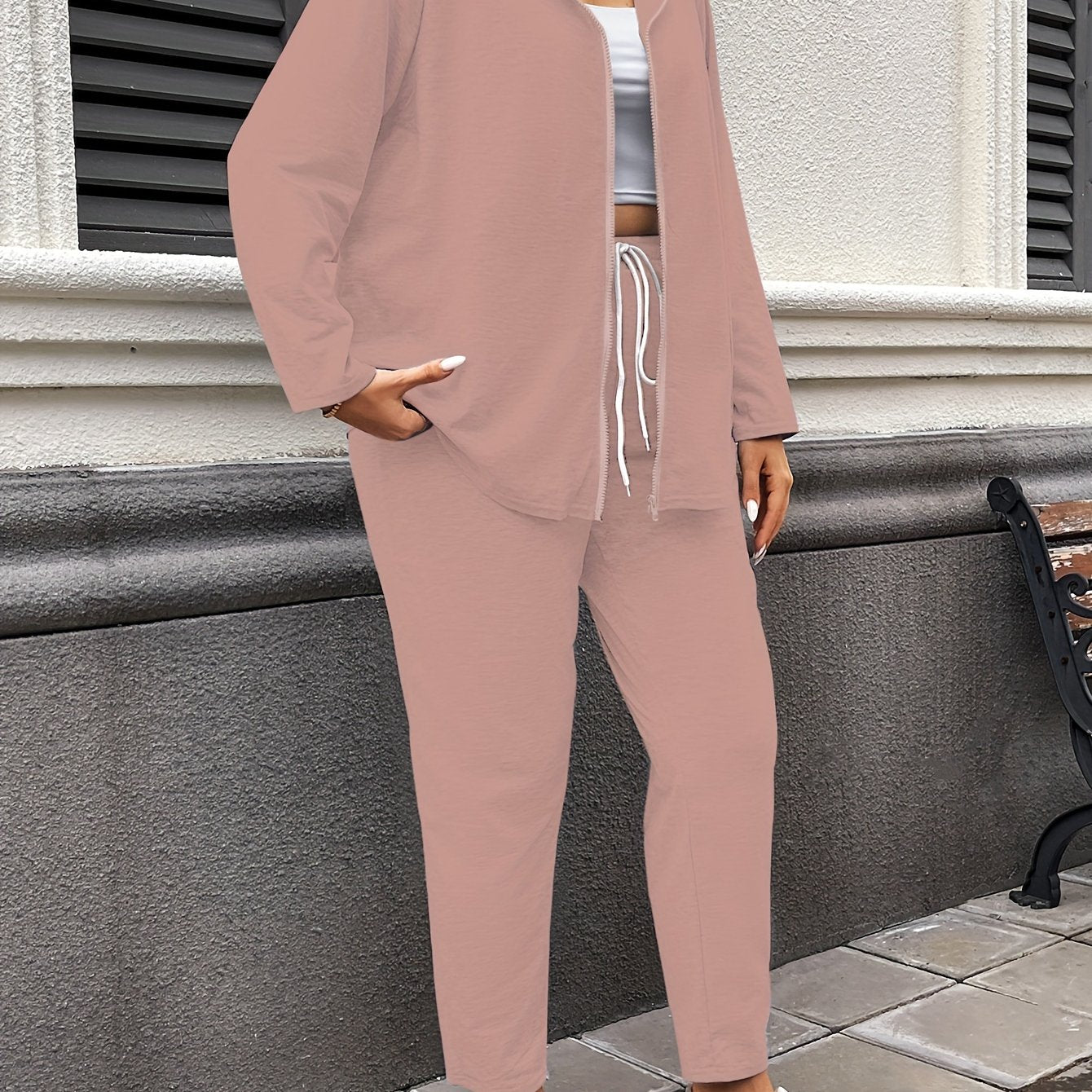 Women's Hooded Casual Suit Polyester Spandex Solid Color Zipper