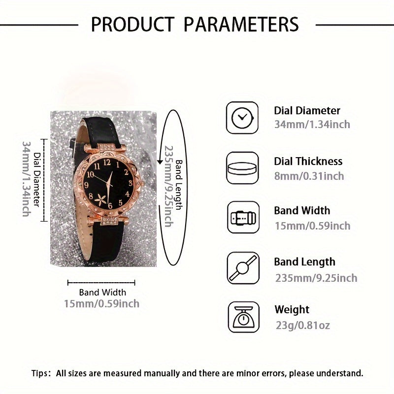 Conjunto de reloj de cuarzo negro con correas de cuero PU, manecillas de aleación de zinc, joyería y regalo