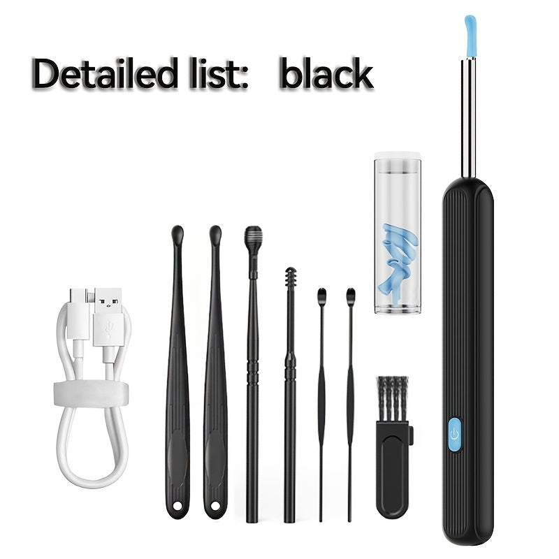 Kamerali va yoritgichli qayta zaryadlanadigan quloq mumini olib tashlash to'plami, 7 dona to'plam, xavfsiz va oson uyda foydalanish, 6 ta qoshiq, litiy batareya, formaldegiddan xoli materiallar