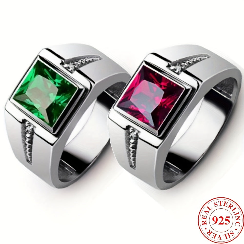 Unisex 925 Silver Punk uzuk, Qizil va Yashil toshlar bilan, Kvadrat sun'iy zirkoniya kristall dizayni, Juftlar uchun mukammal.