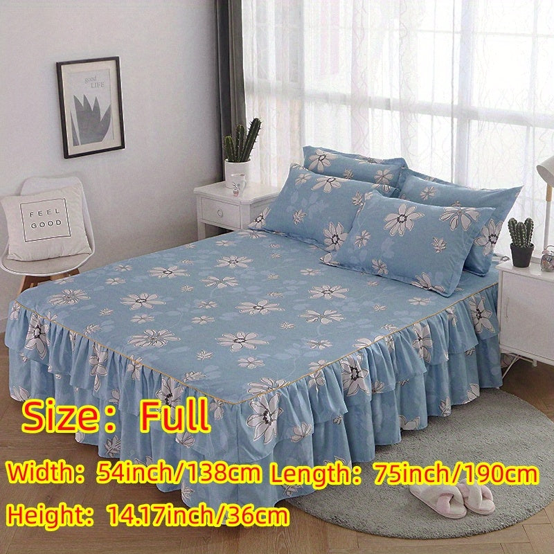 Three-Piece Macrame Bed Skirt Set with Flower Print Non-Slip Bedding for All Seasons