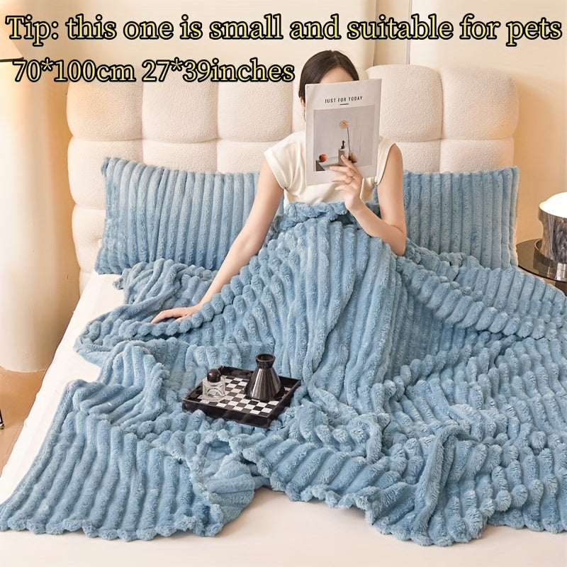 Manta de pelo sintético de conejo acogedora y suave, con rayas multicolores para sofá, cama y oficina